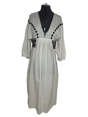 Zara Lightweight Cotton Ivory Black Deep V Embroidered Pockets Boho Midi Dress M